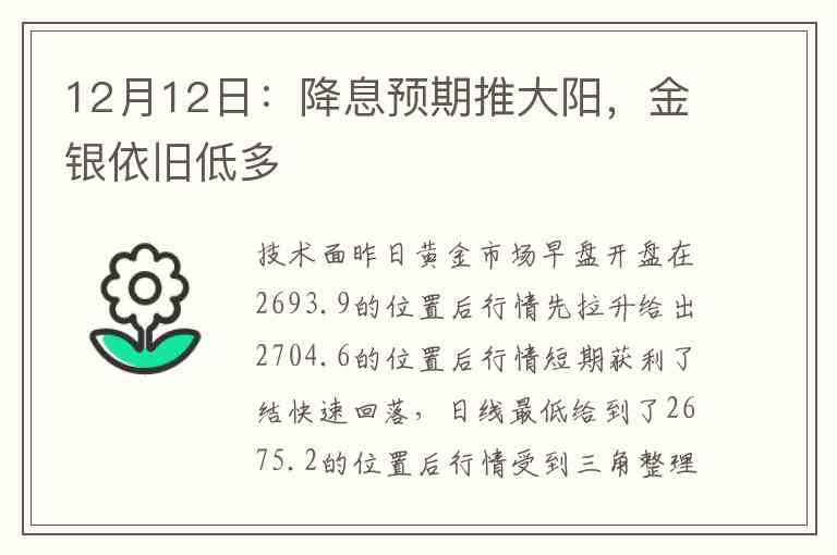 12月12日：降息预期推大阳，金银依旧低多